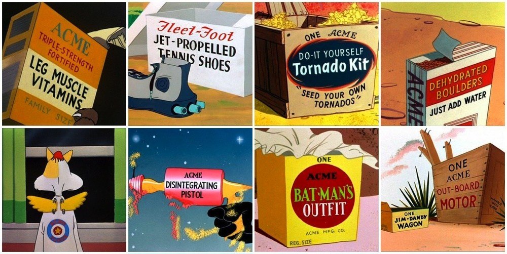 Acme triplestrength fortified leg muscle vitamins; Fleet-foot jet-propelled tennis shoes; one acme do-it yourself tornado kit "Seed your own tornados"; acme dehydrated boulders just add water; acme disintegrating pistol; one acme bat-man's outfit; one acme out-board motor (and one jim-dandy wagon)